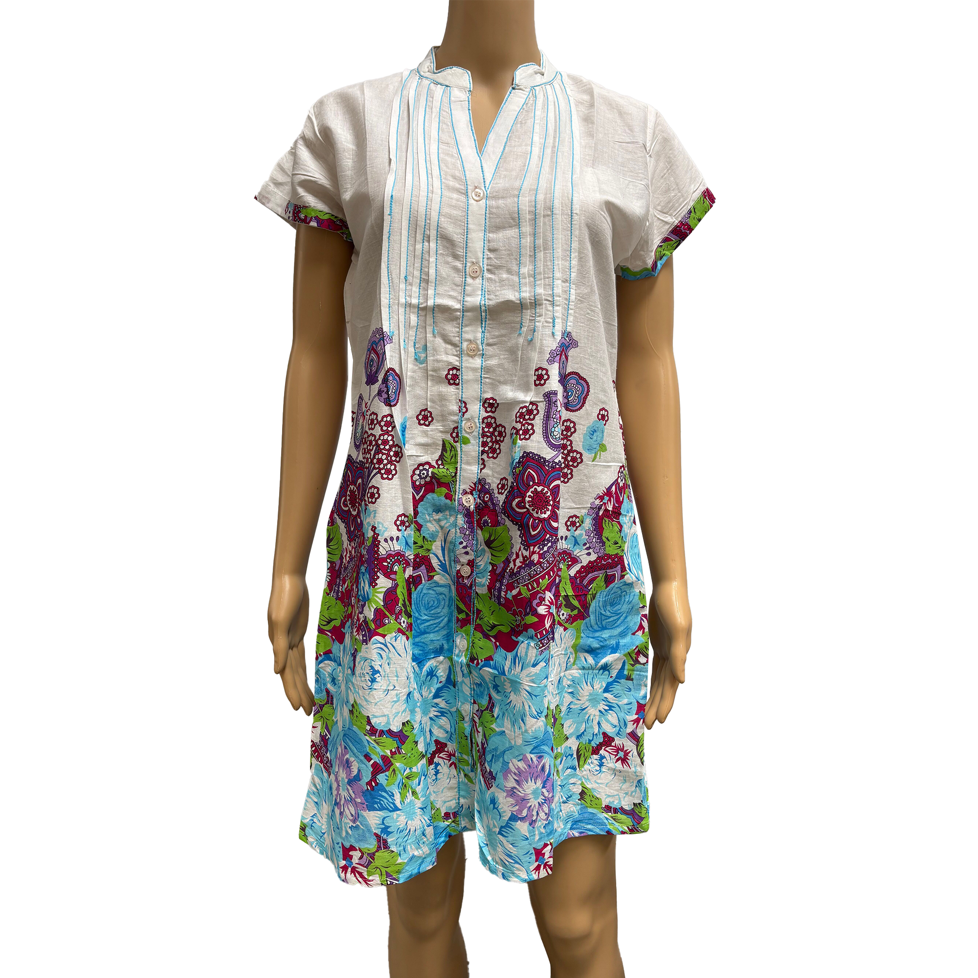 Indian Cotton Paisley Shift Dress with Mandarin Collar