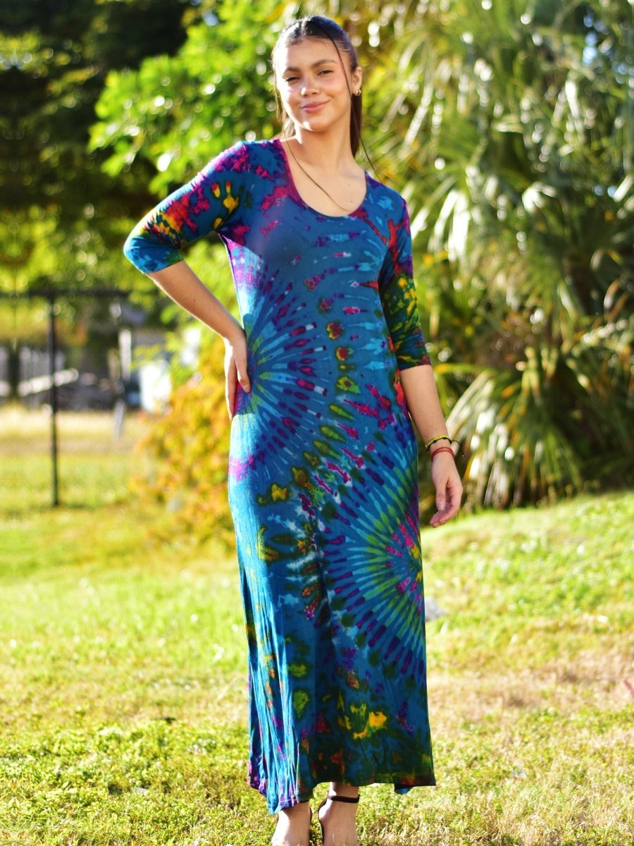 Bohemian Hippie Spandex Tie-Dye Stretchable Elbow Sleeve Maxi Dress – Ambali Fashion Bohemian Hippie Spandex Tie-Dye Stretchable Elbow Sleeve Maxi Dress – Ambali Fashion