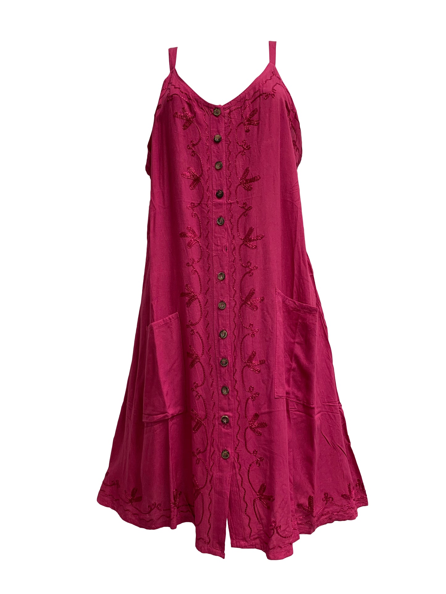 Stonewashed Embroidered Sleeveless Two Pocket Boho Cami Shift Dress Leela