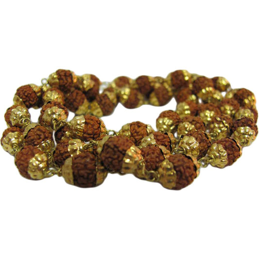 54ct Gold-tone Metal Capped Rudraksha Prayer Yoga Meditation Shiva Mala Bead Necklace (8mm) - Ambali Fashion Necklaces accessory, bohemian, boho, casual, eastern, ethnic, gypsy, hippie, india