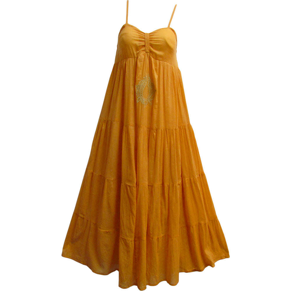 Womens Indian Cotton Tiered Long Maxi Dress with Embroidery | Boho Chic Dresses Canada Beige / Medium Womens Indian Cotton Tiered Long Maxi Dress with Embroidery | Boho Chic Dresses Canada Beige / Medium