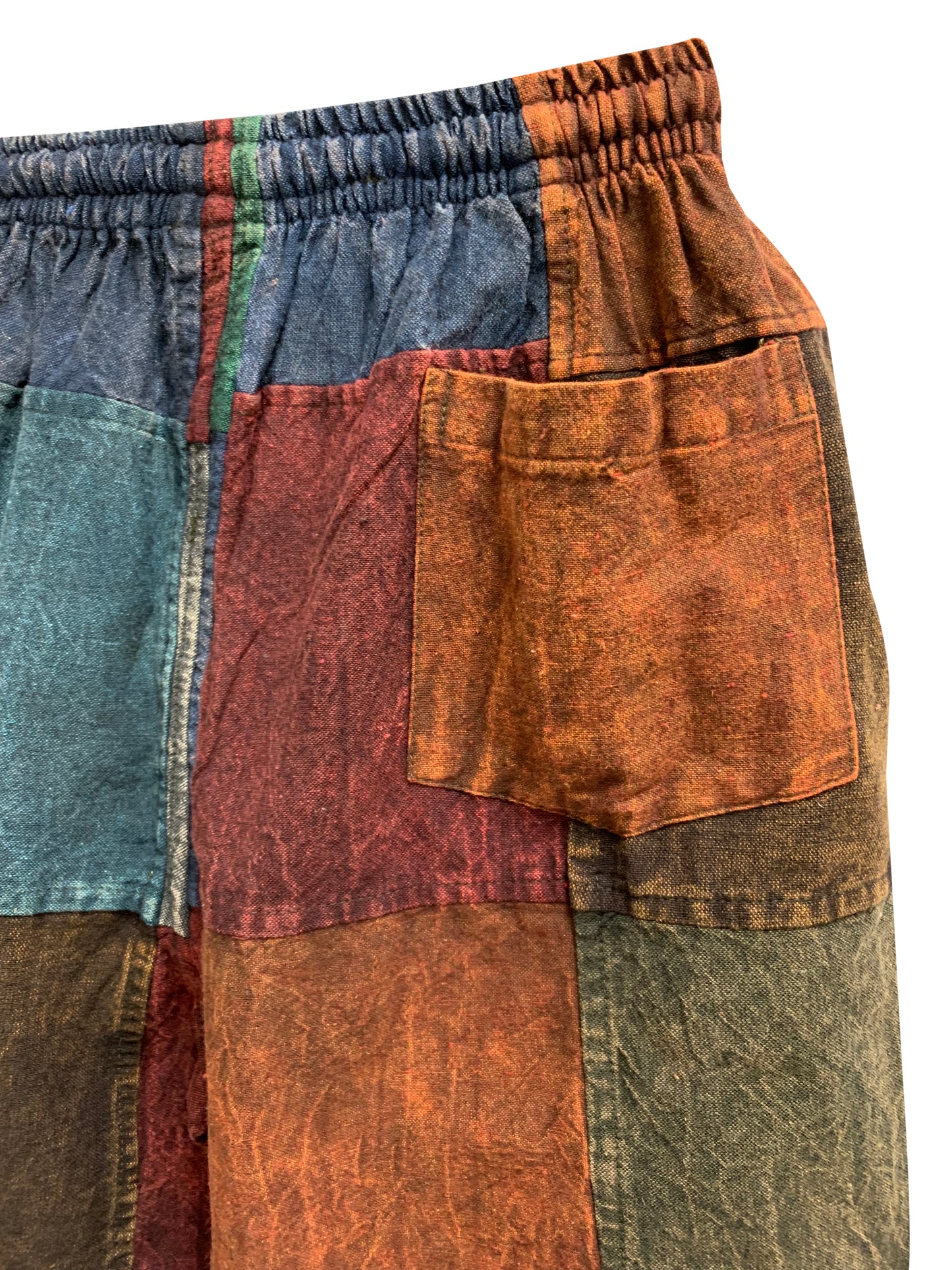 Men's Boho Bohemian Hippie Stonewashed Cotton Patchwork Colorblock Rustic Three Pocket Festival Shorts
