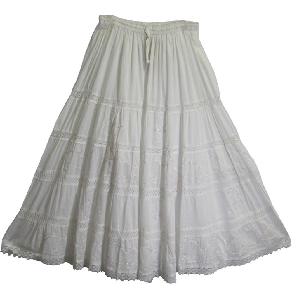 Bohemian Embroidered Lace 3-Tier Gauze Cotton Long Maxi Skirt - Ambali Fashion Skirts beach, bohemian, boho, cotton, dress, ethnic, india, sixties, spring, summer, trendy