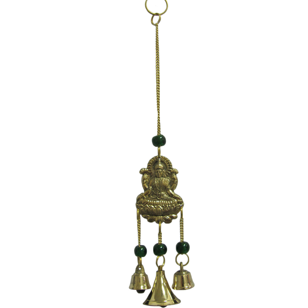 9" Hanging Hindu Lakshmi Money Coming Brass Wind Chime w/ Bells & Glass Beads - Ambali Fashion Wind Chimes bohemian, boho, casual, classic, decor, decoration, dorm, eastern, ethnic, gypsy, hi