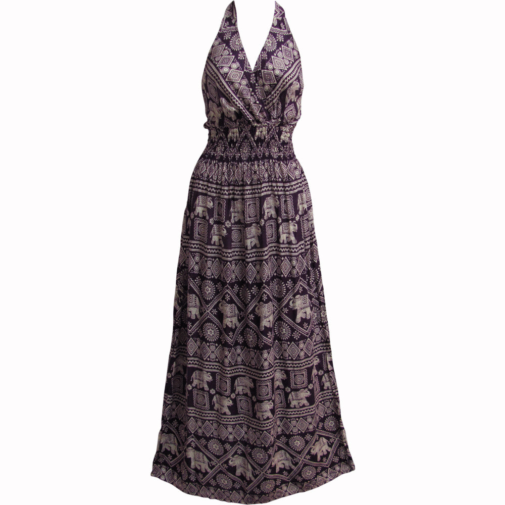 Halter Neck Elephant Print Bohemian Sleeveless Cotton Long Maxi Dress THNONA6 - Ambali Fashion Dresses 