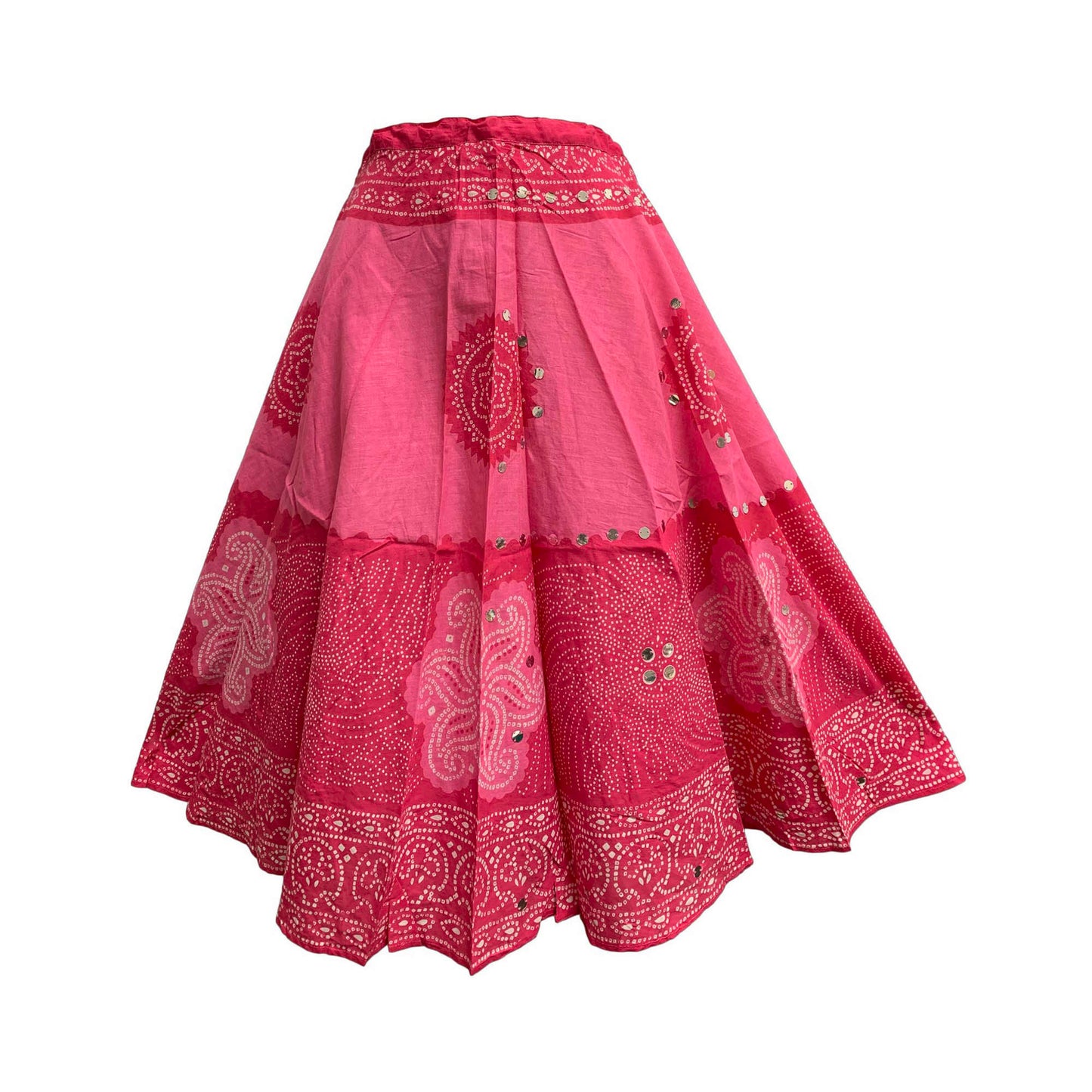 Bohemian Gypsy Indian Cotton Jaipur Bandhej Sequined Tie-Dye Mid Length Skirt Pink