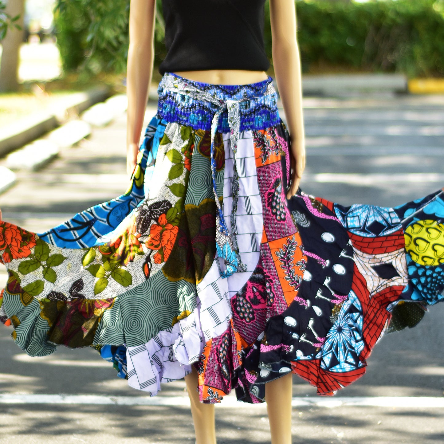 Bohemian Handmade Patchwork African Tiered Skirt Pure Wax Cotton Midi Ruffled Skirt With Head Scarf With Bow Tie Skirt With Pockets