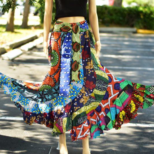 Bohemian Handmade Patchwork African Tiered Skirt Pure Wax Cotton Long Ruffled Skirt With Head Scarf And Two Pockets Tube Dress [ASSORTMENTS]