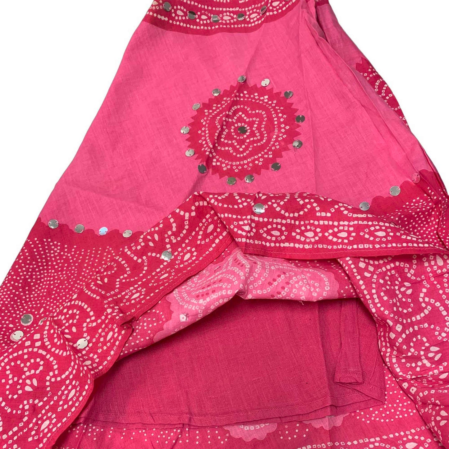 Bohemian Gypsy Indian Cotton Jaipur Bandhej Sequined Tie-Dye Mid Length Skirt Pink