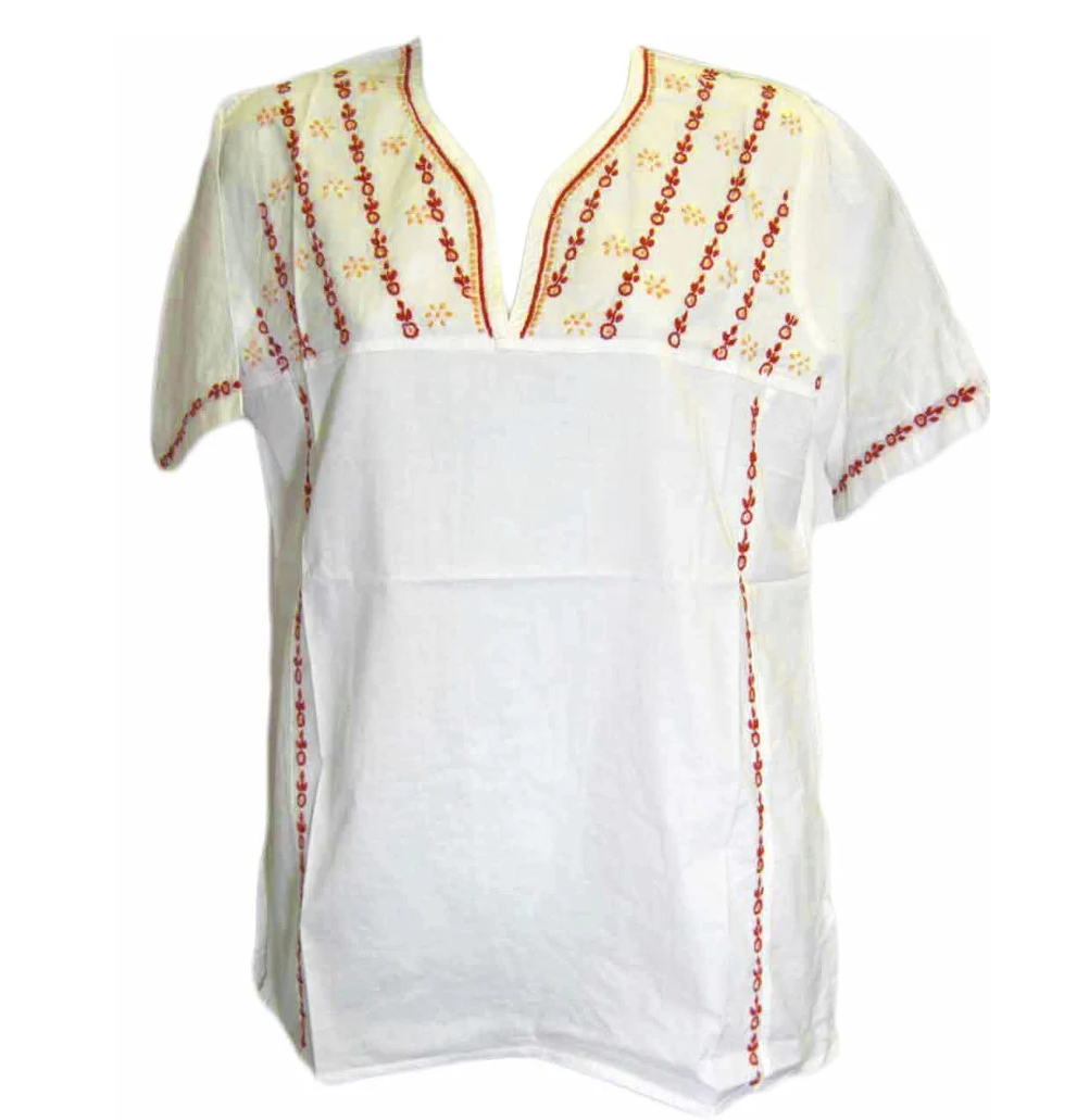 Womens Hand Embroidered boho pure Cotton Short Sleeve Kurti Tunic Blouse White Top