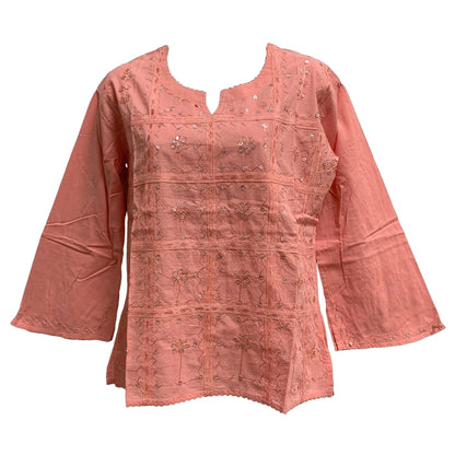 Missy Indian Cotton Sequined Embroidered Long Sleeve Blouse Top