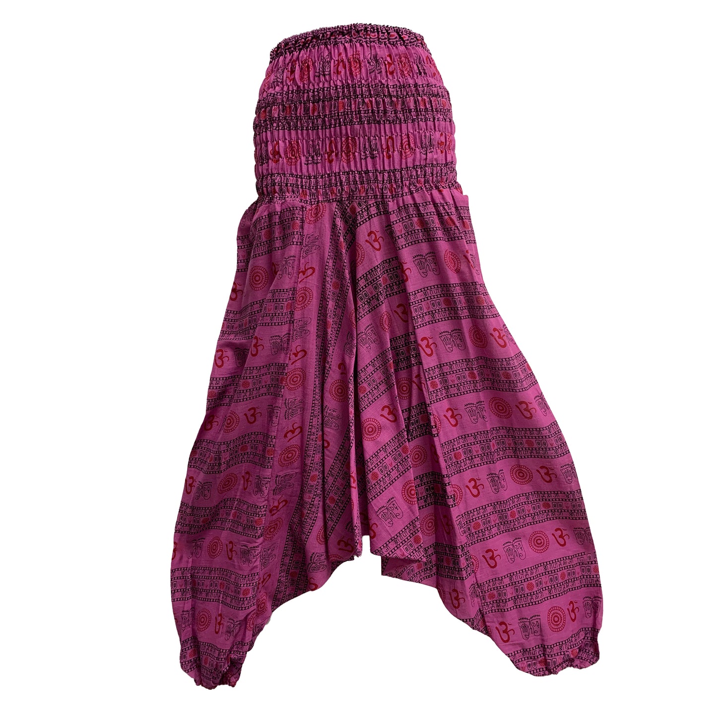 Boho Indian Pure Cotton Om/Ohm Smocked Waist Hippie Gypsy Yoga Harem Pants
