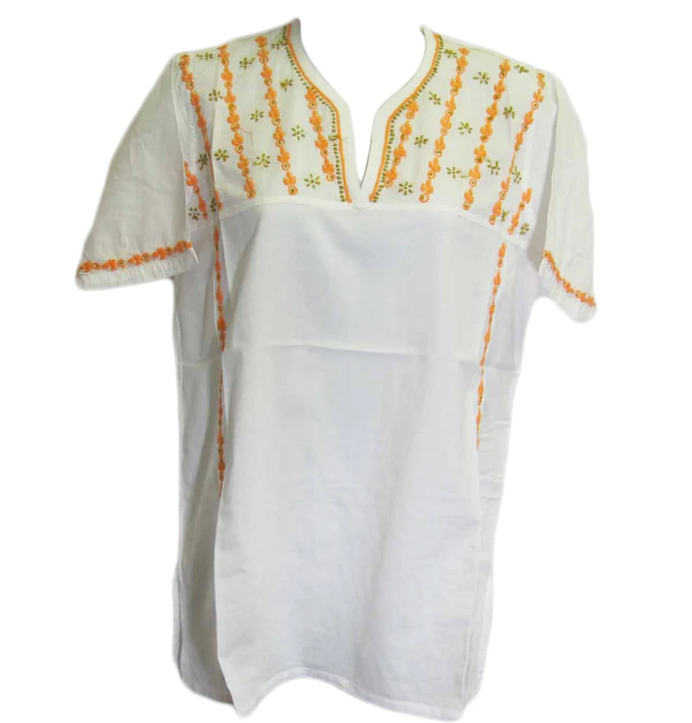 Womens Hand Embroidered boho pure Cotton Short Sleeve Kurti Tunic Blouse White Top