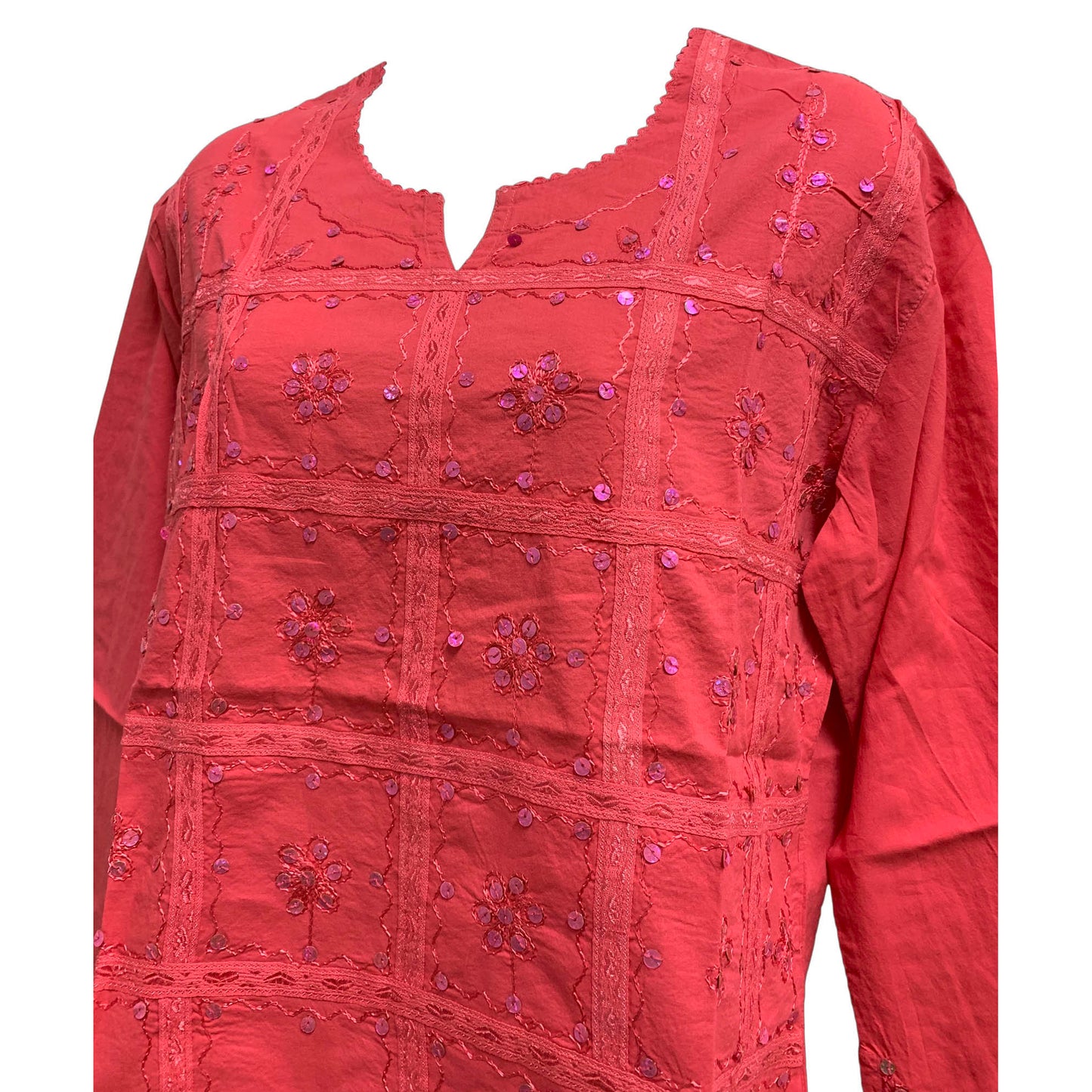 Missy Indian Cotton Sequined Embroidered Long Sleeve Blouse Top