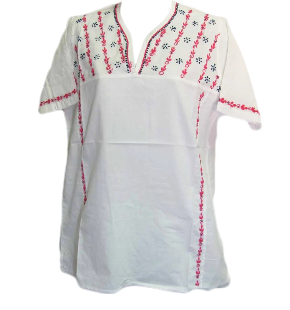 Womens Hand Embroidered boho pure Cotton Short Sleeve Kurti Tunic Blouse White Top