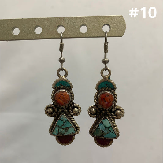 Bohemian Gypsy Vintage Tibetan Silver Yoga Coral & Turquoise Dangling Hook Earrings #10