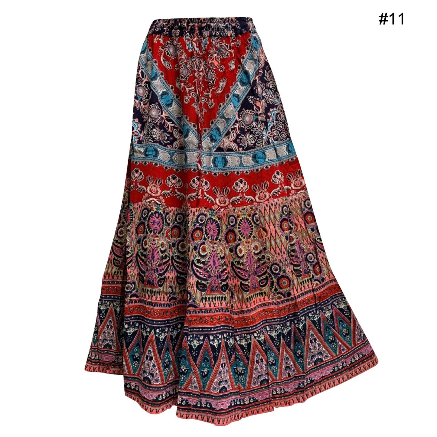 Women's Boho Stonewashed Patchwork Ethnic Print Crinkled Tiered Long Skirt YOGINI