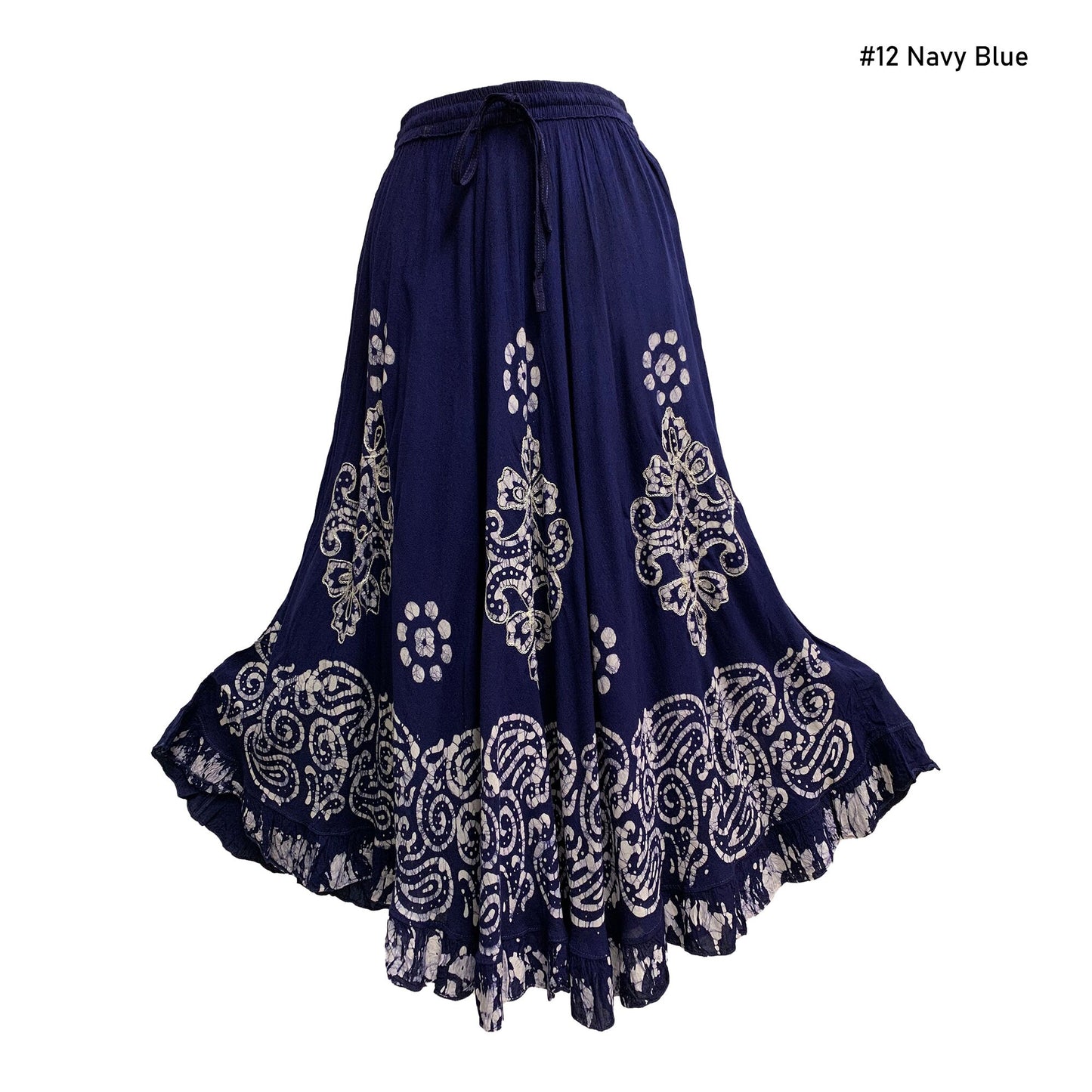 Bohemian Indian Ethnic Batik Print Embroidered Mid-Length Long Ruffled Skirt Boho Midi Skirt