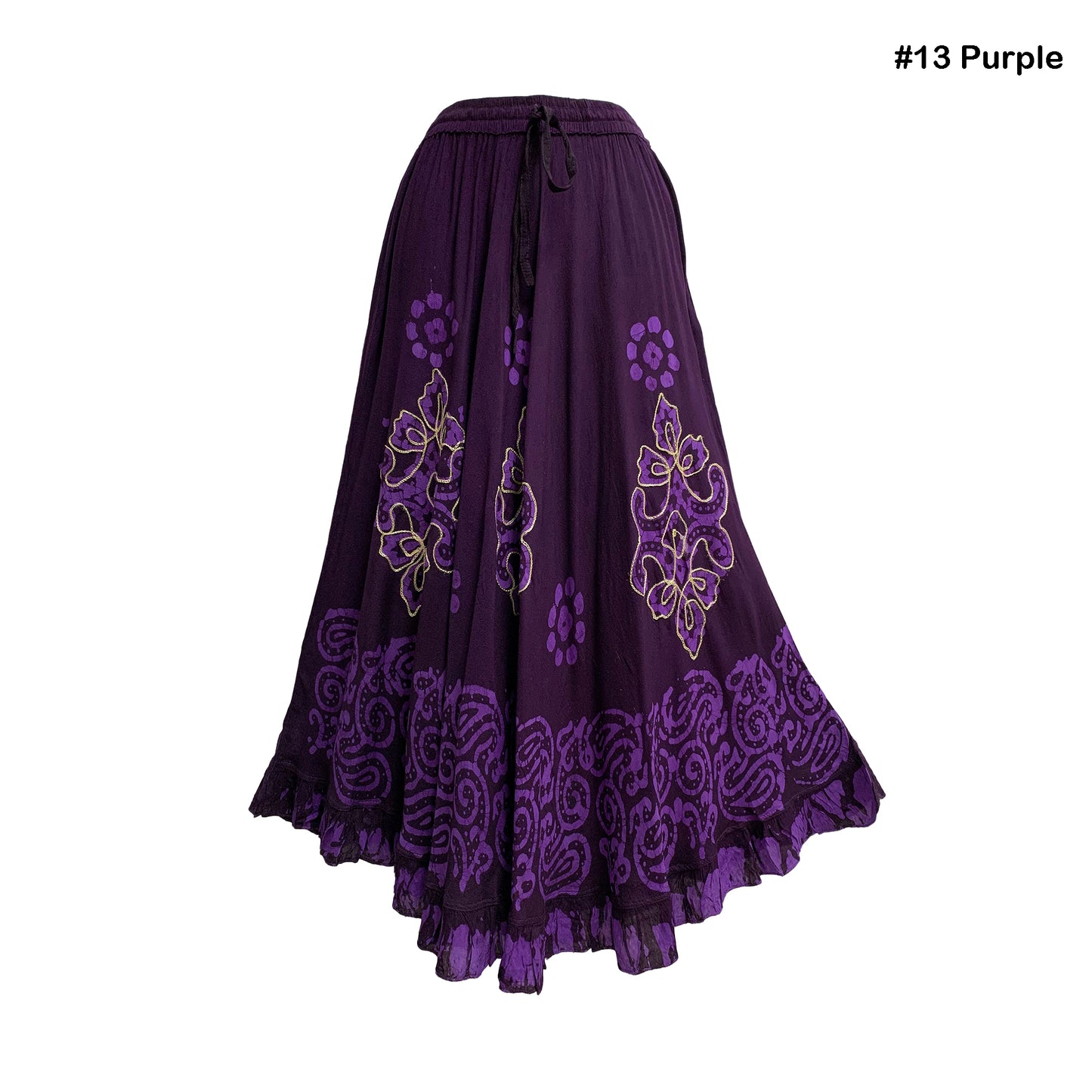 Bohemian Indian Ethnic Batik Print Embroidered Mid-Length Long Ruffled Skirt Boho Midi Skirt