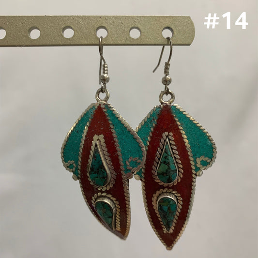 Bohemian Gypsy Vintage Tibetan Silver Yoga Coral & Turquoise Dangling Hook Earrings #14