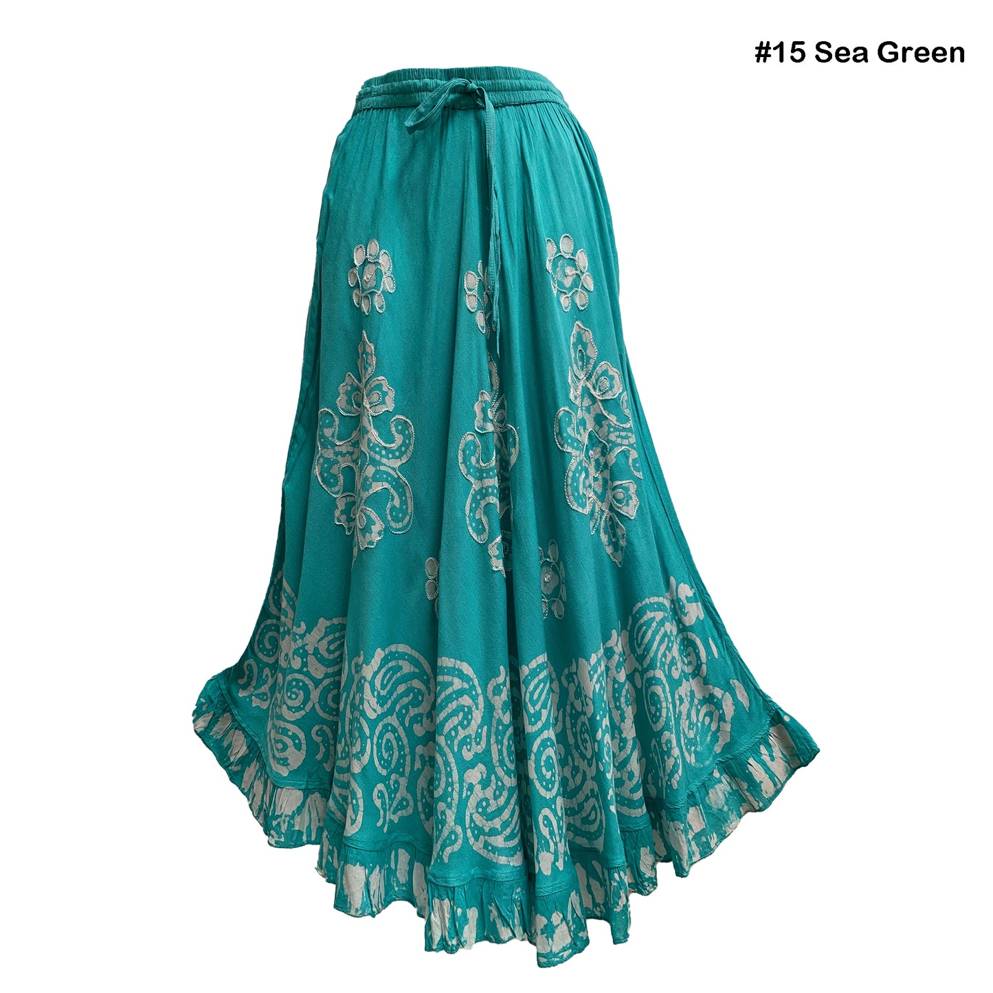 Bohemian Indian Ethnic Batik Print Embroidered Mid-Length Long Ruffled Skirt Boho Midi Skirt