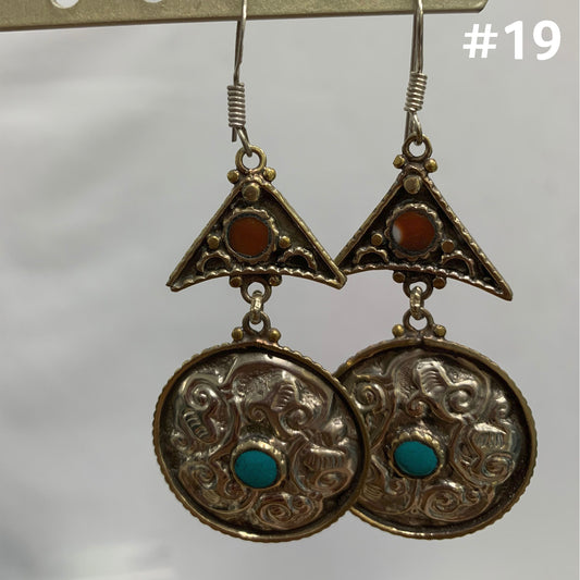 Bohemian Gypsy Vintage Tibetan Silver Yoga Coral & Turquoise Dangling Hook Earrings #19