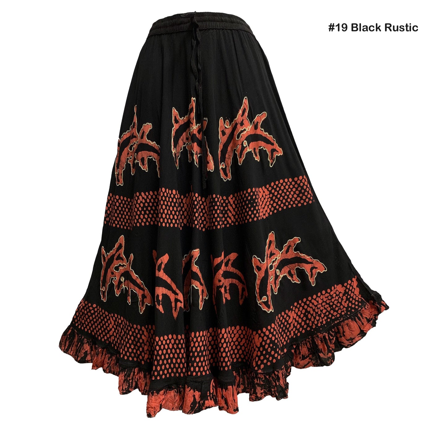 Bohemian Indian Ethnic Batik Print Embroidered Mid-Length Long Ruffled Skirt Boho Midi Skirt