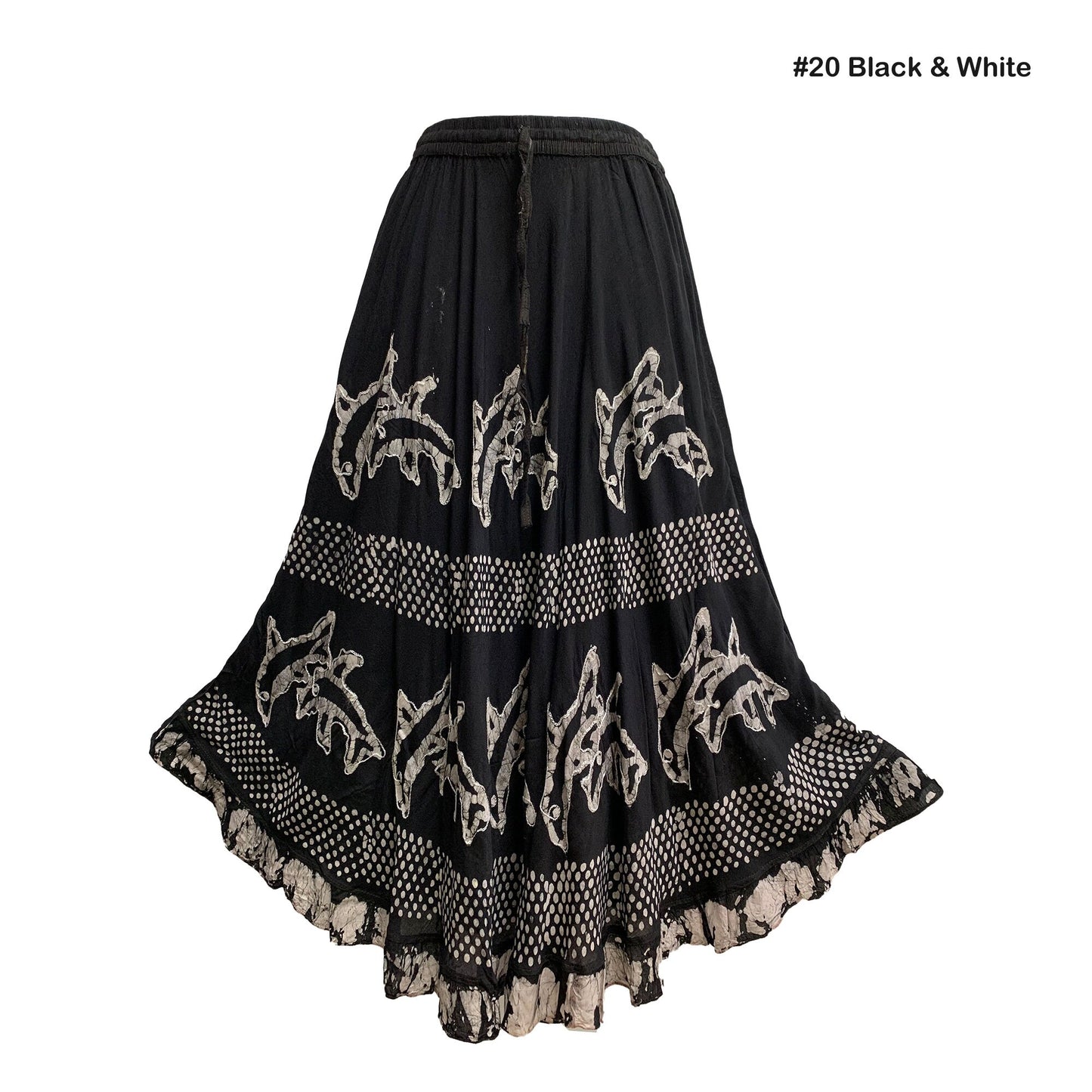 Bohemian Indian Ethnic Batik Print Embroidered Mid-Length Long Ruffled Skirt Boho Midi Skirt