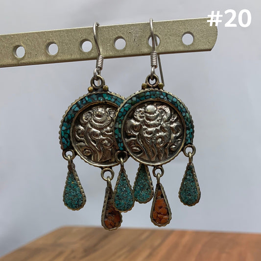 Bohemian Gypsy Vintage Tibetan Silver Yoga Coral & Turquoise Dangling Hook Earrings #20