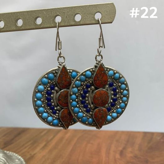 Bohemian Gypsy Vintage Tibetan Silver Yoga Coral, Turquoise, and Lapis Lazuli Dangling Hook Earrings #22