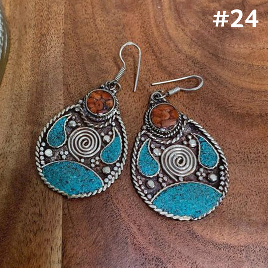 Bohemian Gypsy Vintage Tibetan Silver Yoga Coral & Turquoise Dangling Hook Earrings #24