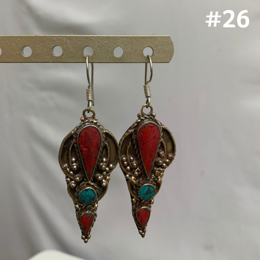 Bohemian Gypsy Vintage Tibetan Silver Yoga Coral & Turquoise Dangling Hook Earrings #26