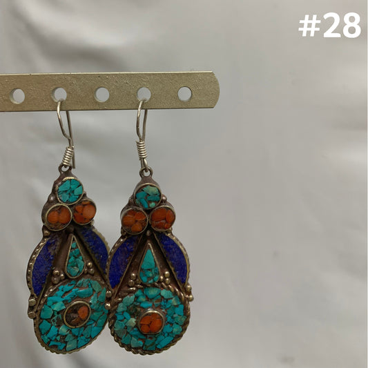 Bohemian Gypsy Vintage Tibetan Silver Yoga Coral, Turquoise, and Lapis Lazuli Dangling Hook Earrings #28