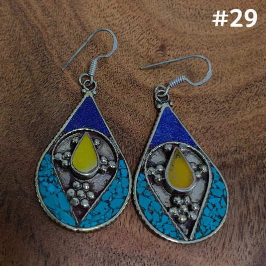 Bohemian Gypsy Vintage Tibetan Silver Yoga Yellow Jasper, Turquoise, and Lapis Lazuli Dangling Hook Earrings #29