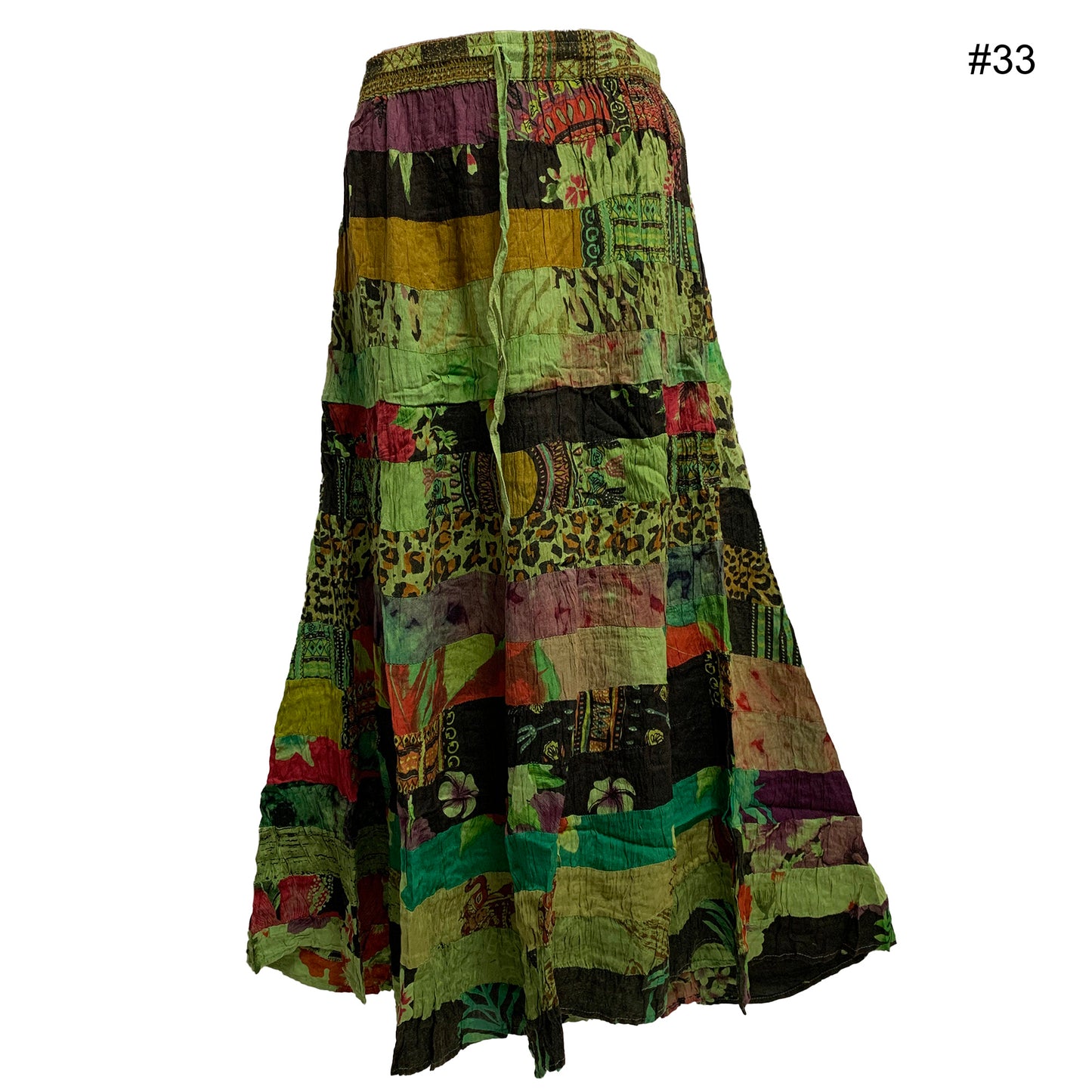 Women's Boho Stonewashed Patchwork Ethnic Print Crinkled Tiered Long Skirt YOGINI