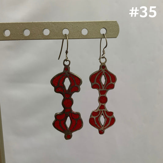 Bohemian Gypsy Indian Tibetan Dorje Coral Inlay Silver Metal Earrings #35