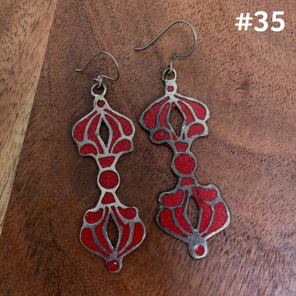 Bohemian Gypsy Indian Tibetan Dorje Coral Inlay Silver Metal Earrings #35