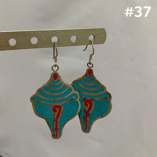 Bohemian Gypsy Indian Vintage Tibetan Coral and Turquoise Silver Inlay Conch Sankh Shell Earrings #37