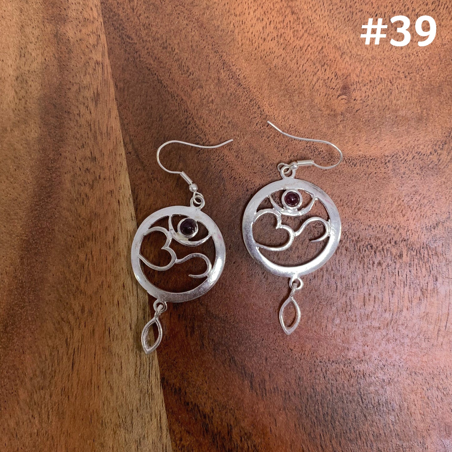 Bohemian Om Yoga Chakra Sanskrit Hoop Dangling Silver Earrings with Garnet Stone #39