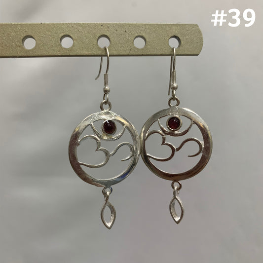 Bohemian Om Yoga Chakra Sanskrit Hoop Dangling Silver Earrings with Garnet Stone #39