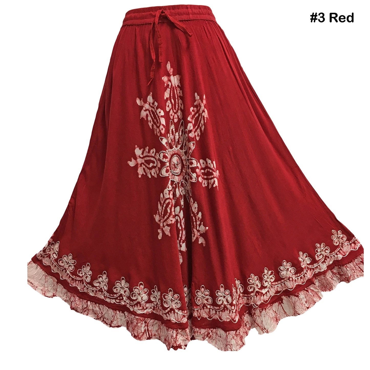 Bohemian Indian Ethnic Batik Print Embroidered Mid-Length Long Ruffled Skirt Boho Midi Skirt