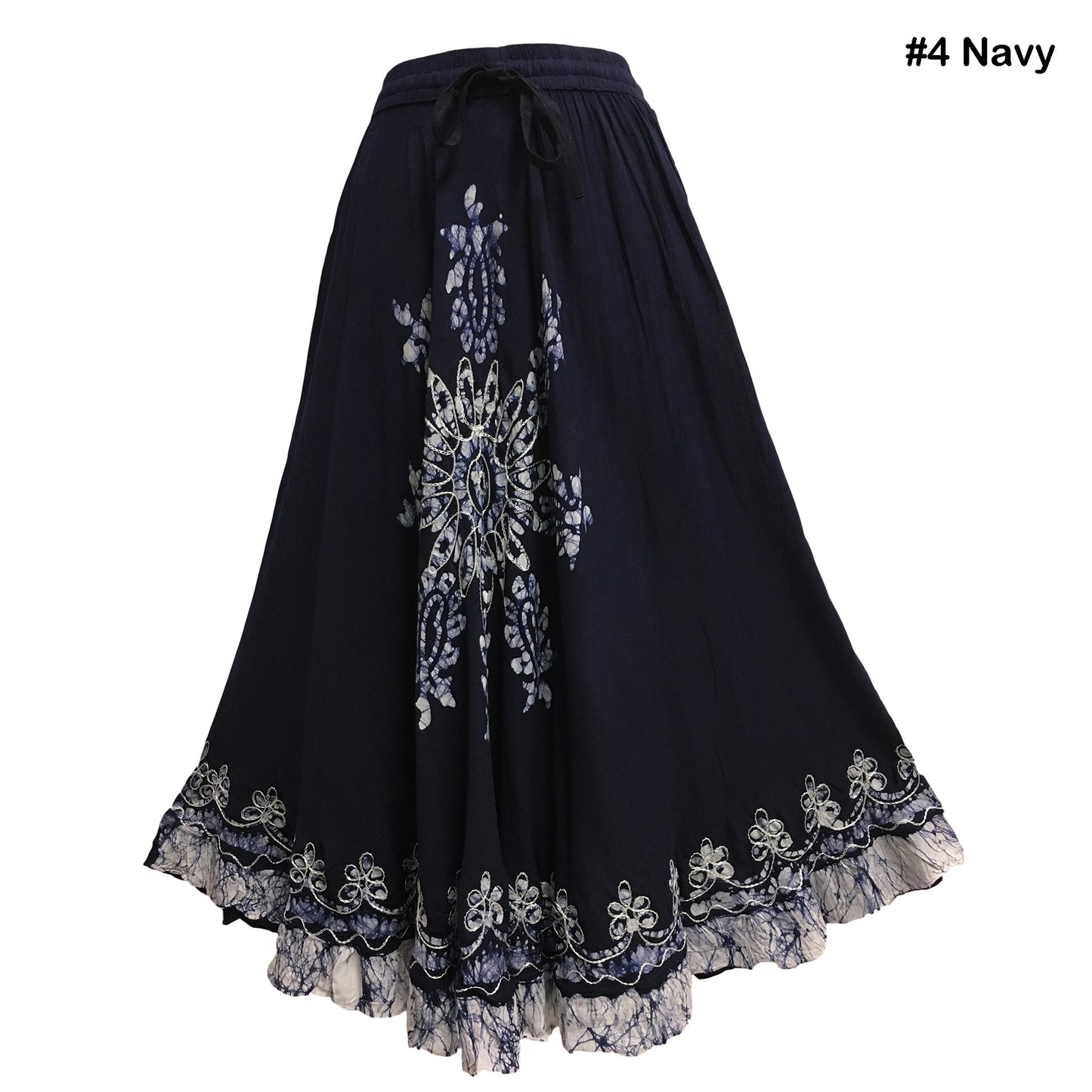 Bohemian Indian Ethnic Batik Print Embroidered Mid-Length Long Ruffled Skirt Boho Midi Skirt