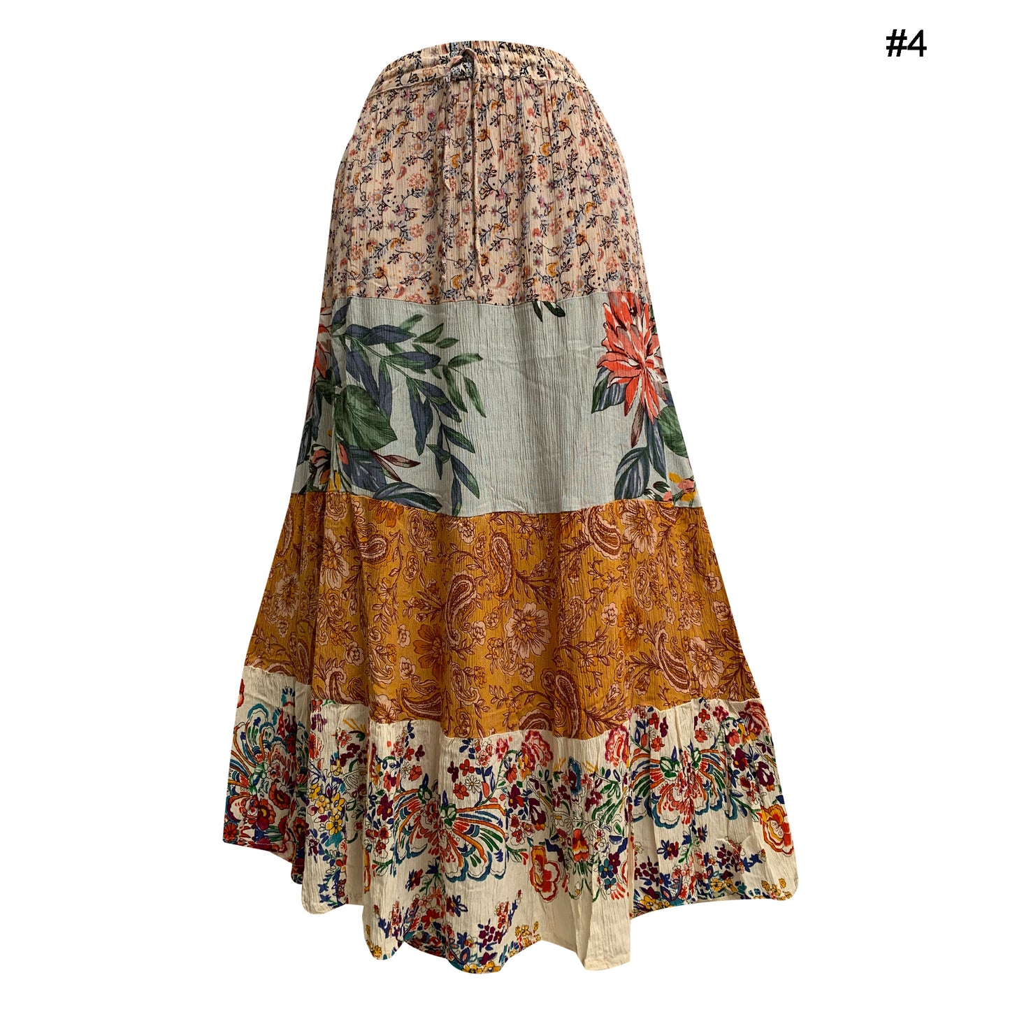 Women's Boho Stonewashed Patchwork Ethnic Print Crinkled Tiered Long Skirt YOGINI