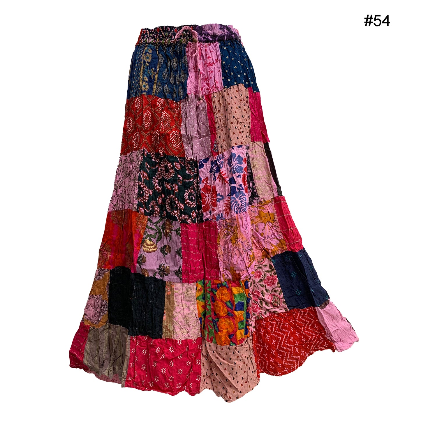 Women's Boho Stonewashed Patchwork Ethnic Print Crinkled Tiered Long Skirt YOGINI