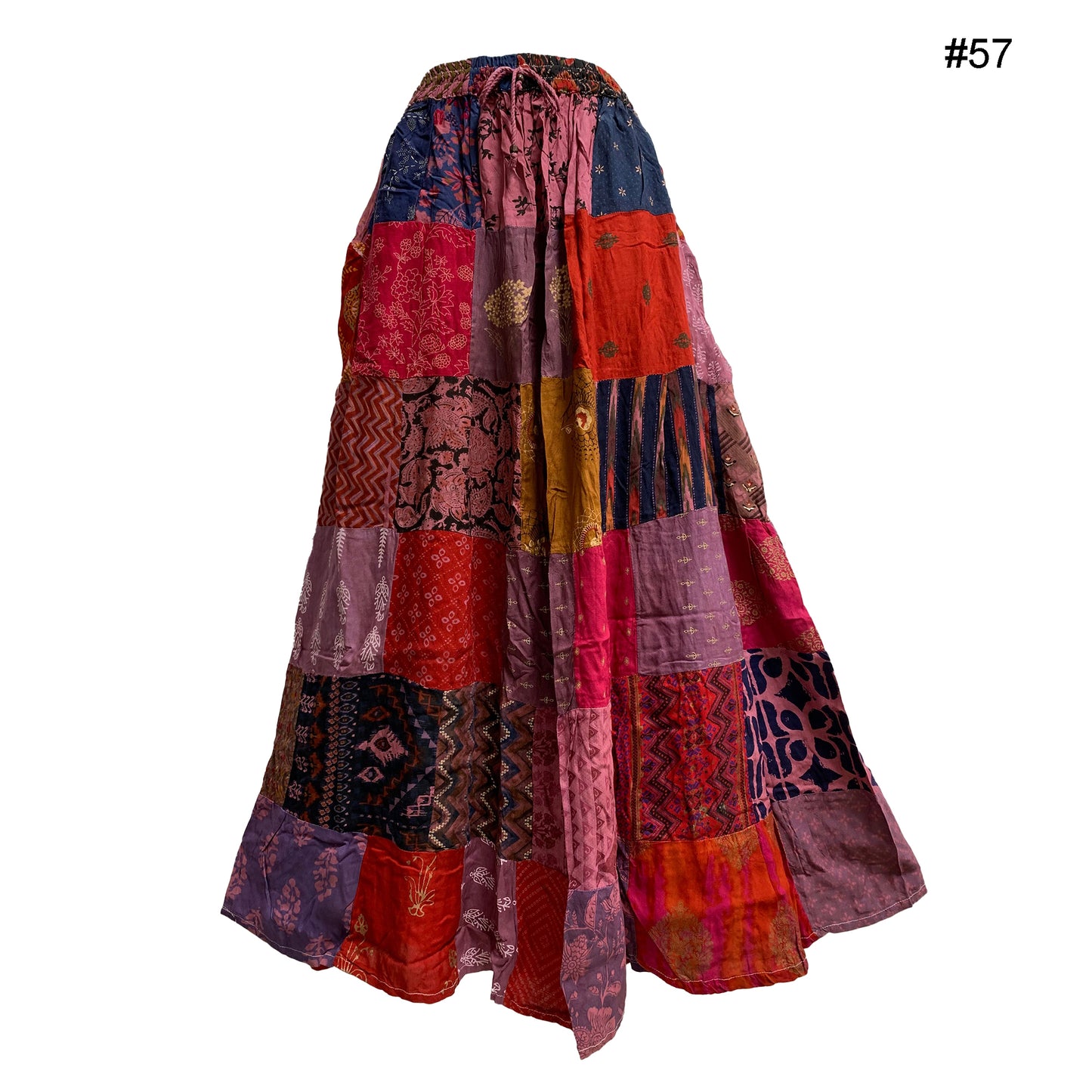 Women's Boho Stonewashed Patchwork Ethnic Print Crinkled Tiered Long Skirt YOGINI