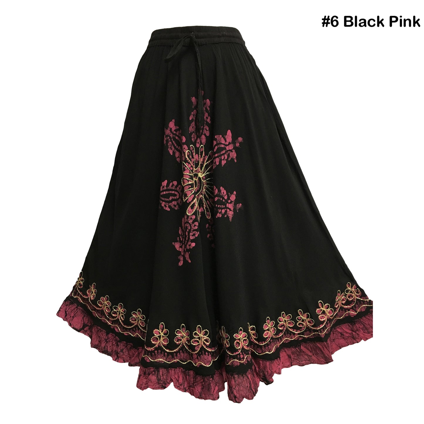 Bohemian Indian Ethnic Batik Print Embroidered Mid-Length Long Ruffled Skirt Boho Midi Skirt