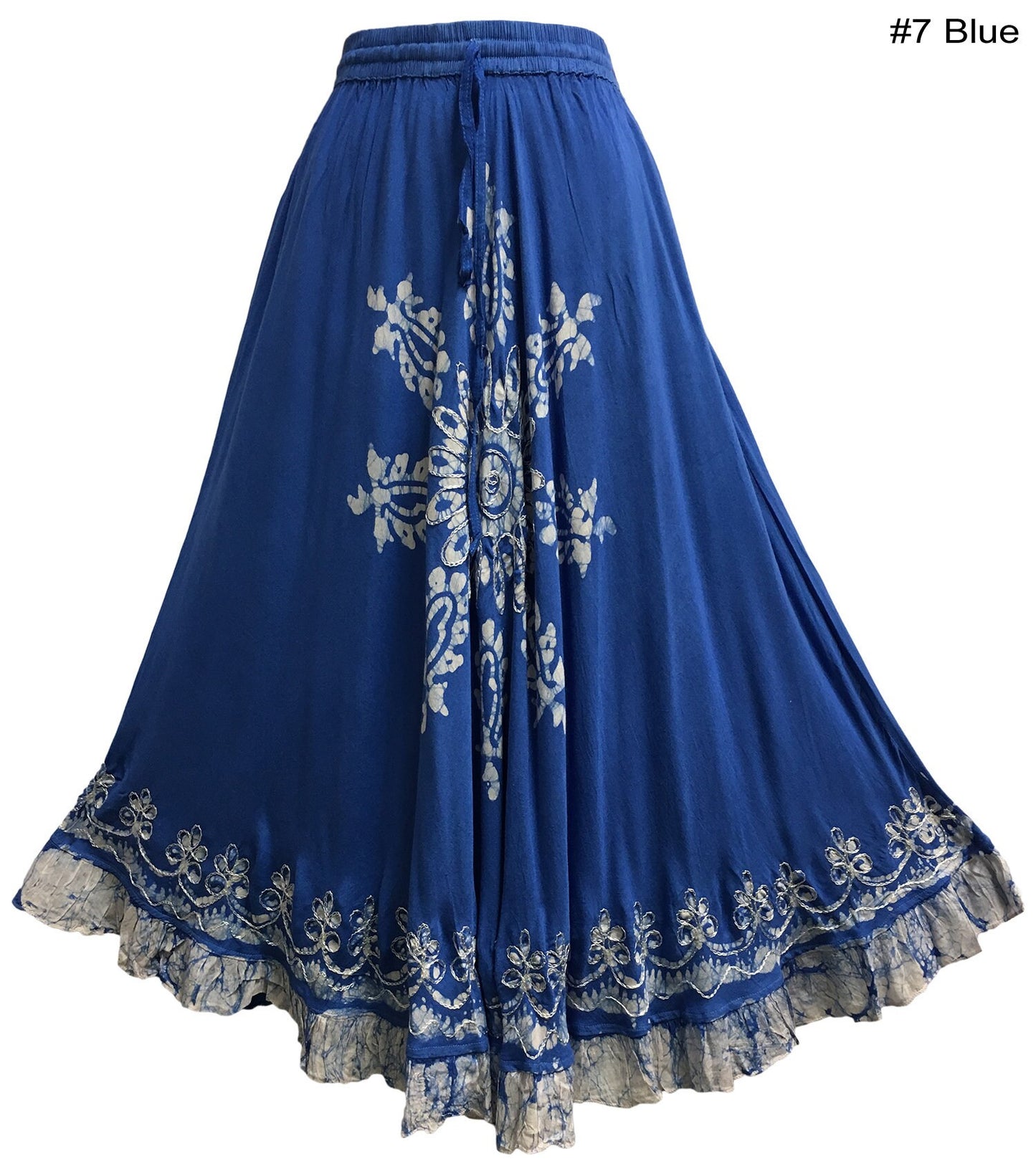 Bohemian Indian Ethnic Batik Print Embroidered Mid-Length Long Ruffled Skirt Boho Midi Skirt