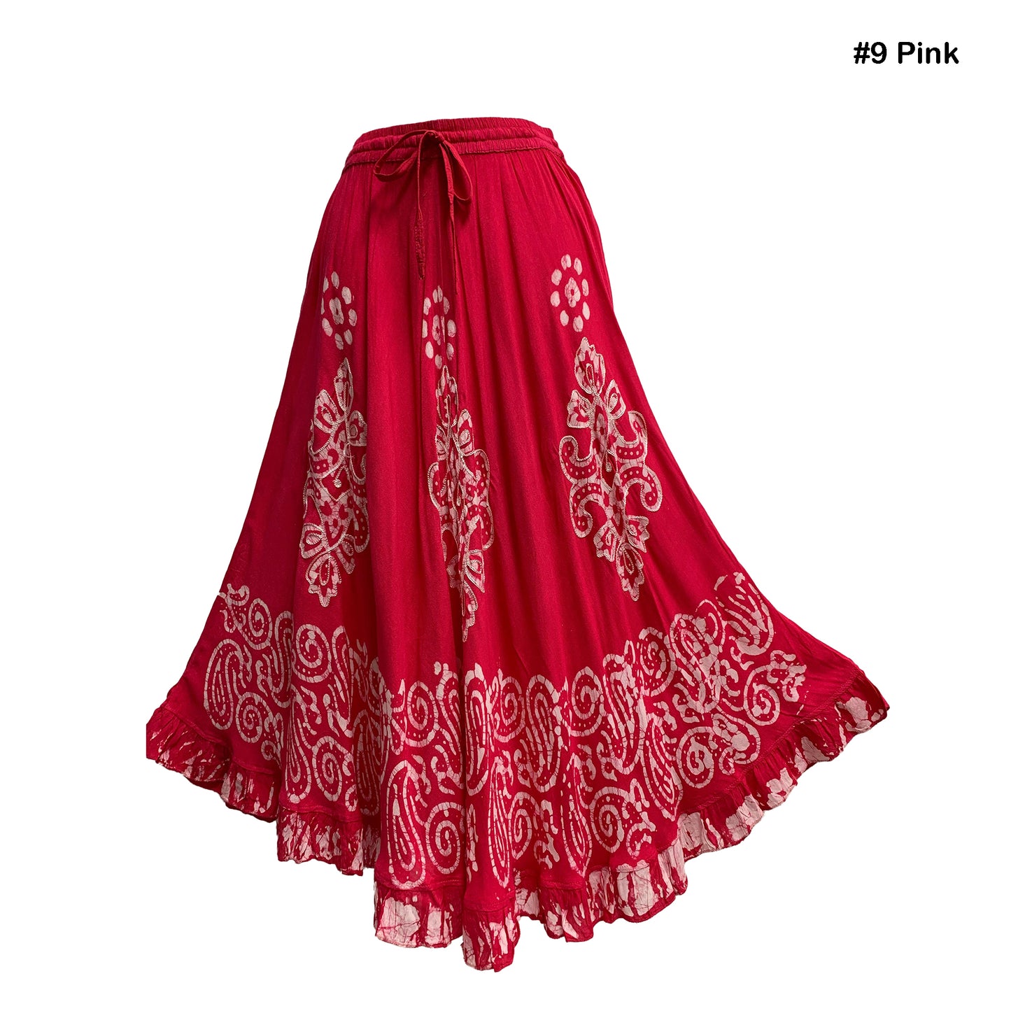 Bohemian Indian Ethnic Batik Print Embroidered Mid-Length Long Ruffled Skirt Boho Midi Skirt