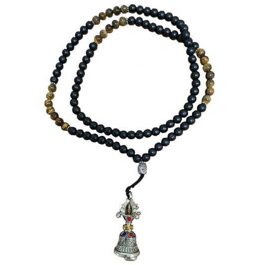 Stupa Buddha Charm Black Obsidian Tiger Eye Handmade 108 Bead Mala Necklace