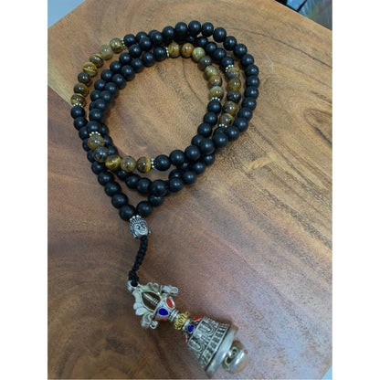 Stupa Buddha Charm Black Obsidian Tiger Eye Handmade 108 Bead Mala Necklace